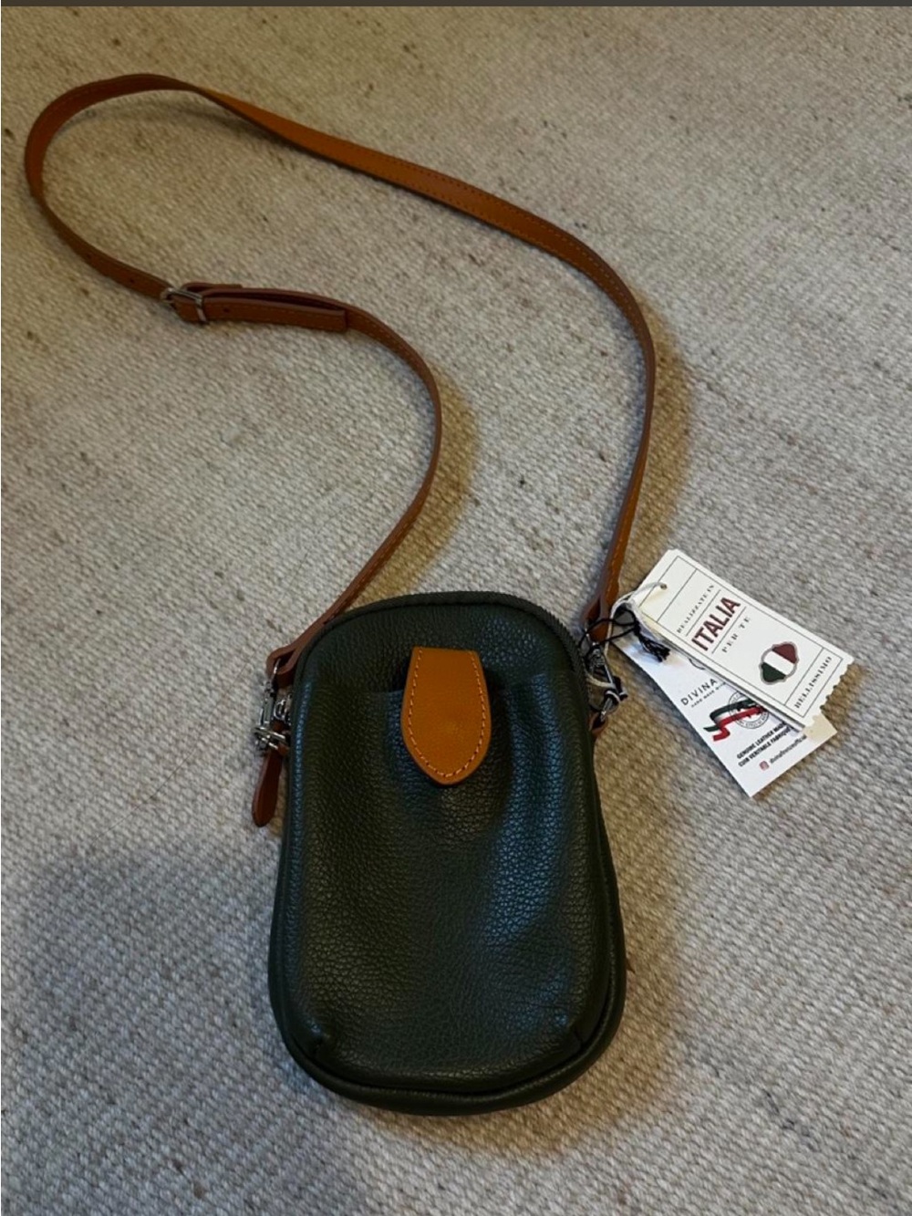 Italian-Made Green Leather Crossbody Bag with Tan Strap